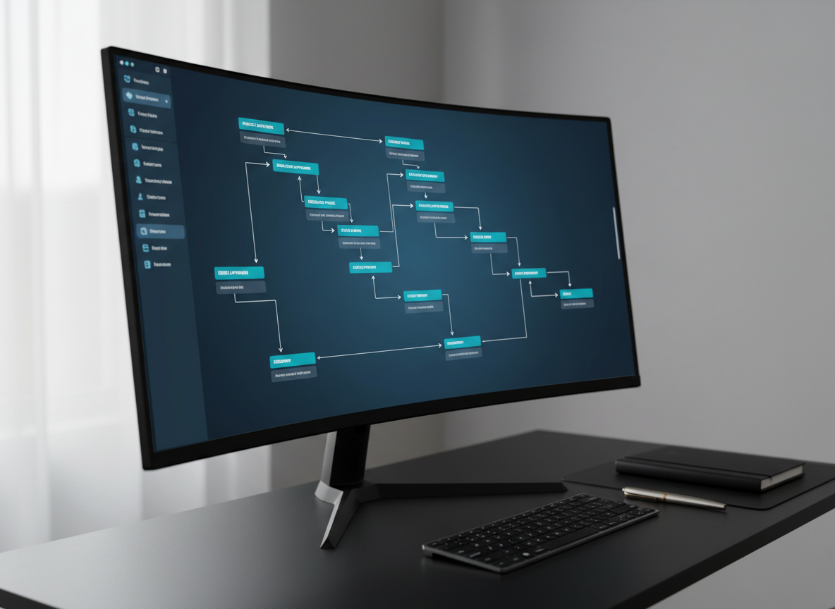 A large, meticulously organized digital workflow dashboard displayed on a sleek, ultra-wide monitor with a thin black bezel, showing interconnected flowchart nodes in shades of deep blue, teal, and white. The screen sits on a minimalist matte-black desk with a single closed notebook and a metallic pen aligned precisely beside it. Cool, diffused daylight from an unseen window casts soft reflections on the monitor and subtle shadows under the keyboard. Photographic realism, shot at eye level with a shallow depth of field so the interface is in crisp focus while the background fades into a soft blur of neutral gray. The mood is professional, calm, and highly efficient, conveying a clear sense of order that prevents opportunities from slipping through the cracks.