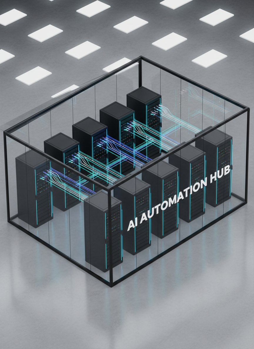 An isometric, photographic-realistic server rack setup in a pristine, glass-walled data center, where glowing cable paths form a clear, color-coded workflow. Thin LED strips in blue, teal, and white trace organized routes from one matte-black server tower to another, avoiding any tangled wires or clutter. The polished light-gray floor subtly reflects the illuminated paths, while cool overhead lighting creates a crisp, controlled environment. Captured from a slightly elevated angle, the composition emphasizes structured flow from left to right, symbolizing processes moving smoothly without leaks or losses. The atmosphere is highly professional, efficient, and trustworthy, with clean lines and a modern technological aesthetic representing robust AI-driven automation.
