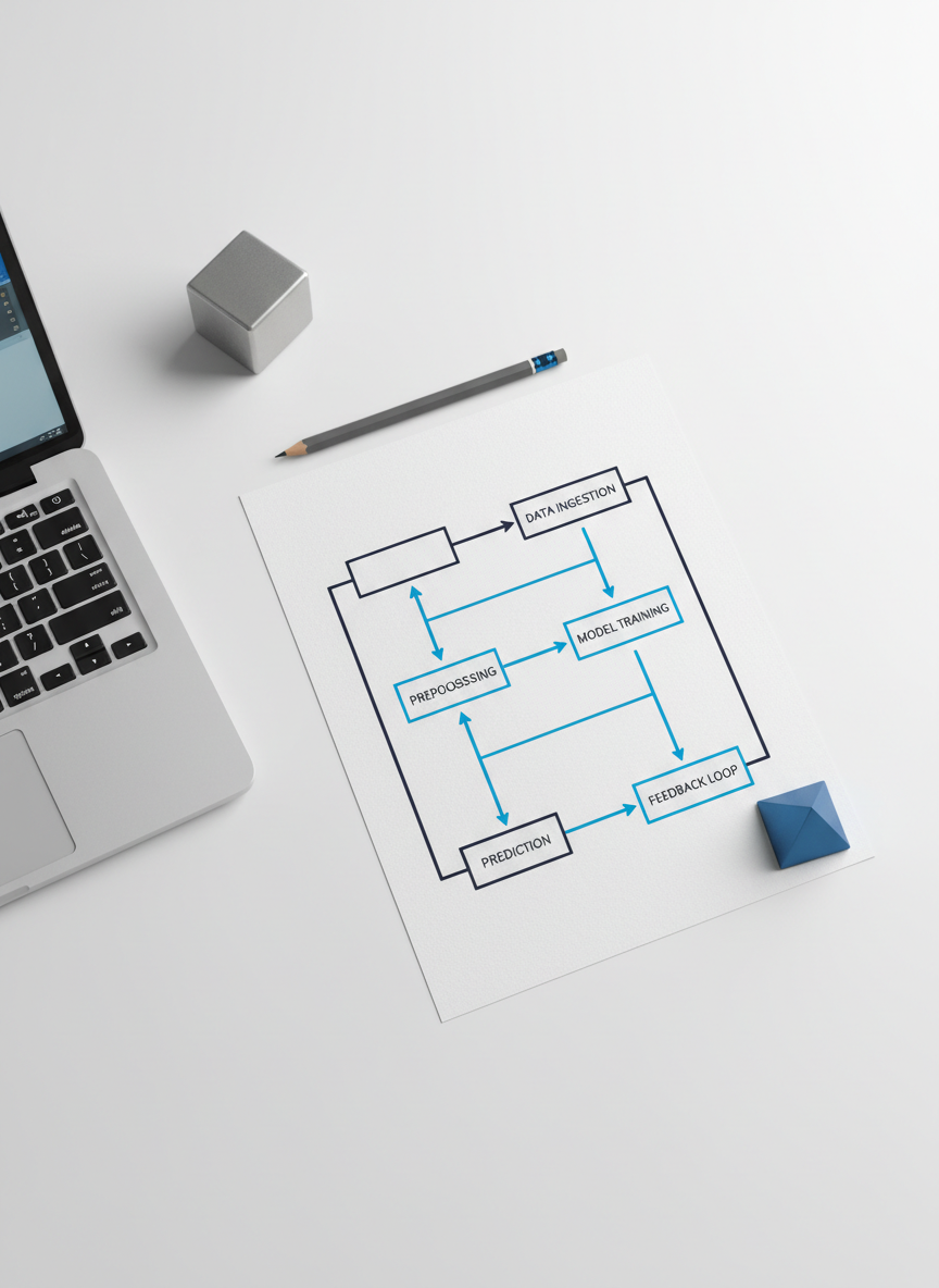 A close-up, bird’s-eye view of a clean white workspace where a printed AI workflow diagram in dark navy and electric blue arrows lies centered on a smooth, matte white table. Around it, neatly arranged are a silver laptop slightly open, a graphite mechanical pencil, and a pair of geometric metal paperweights aligning key corners of the diagram. Soft overhead studio lighting creates even illumination with gentle, precise shadows that emphasize the straight lines and shapes. The overall mood is analytical and focused, suggesting clarity and control over complex processes. Photographic realism with sharp focus throughout, minimal color palette, and a modern, professional aesthetic suitable for a business AI workflow consultancy.