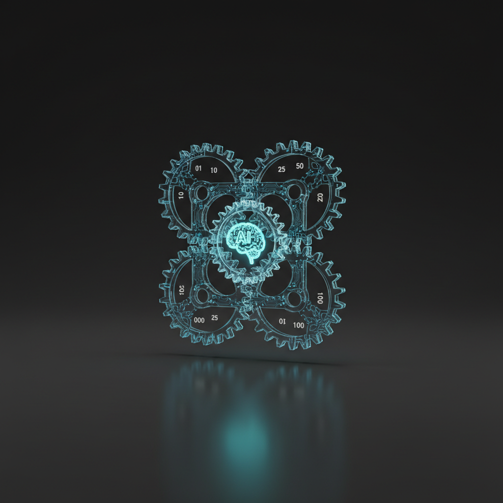 A series of translucent, glass-like gears interlocking in midair above a reflective graphite-colored surface, each gear intricately etched with tiny circuit patterns and subtle numeric labels. Within the center of the gear assembly, a glowing stylized AI brain icon in cool cyan radiates soft light that highlights the gear edges and casts crisp, controlled reflections below. The background fades into a dark charcoal gradient, creating a strong contrast that keeps attention on the mechanism. Studio-style side lighting adds depth through defined shadows between the gears, evoking precision and reliability. Photographic realism with a slightly elevated angle, symmetrical composition, and a highly professional, high-tech atmosphere that suggests seamless automated workflows saving time and money.